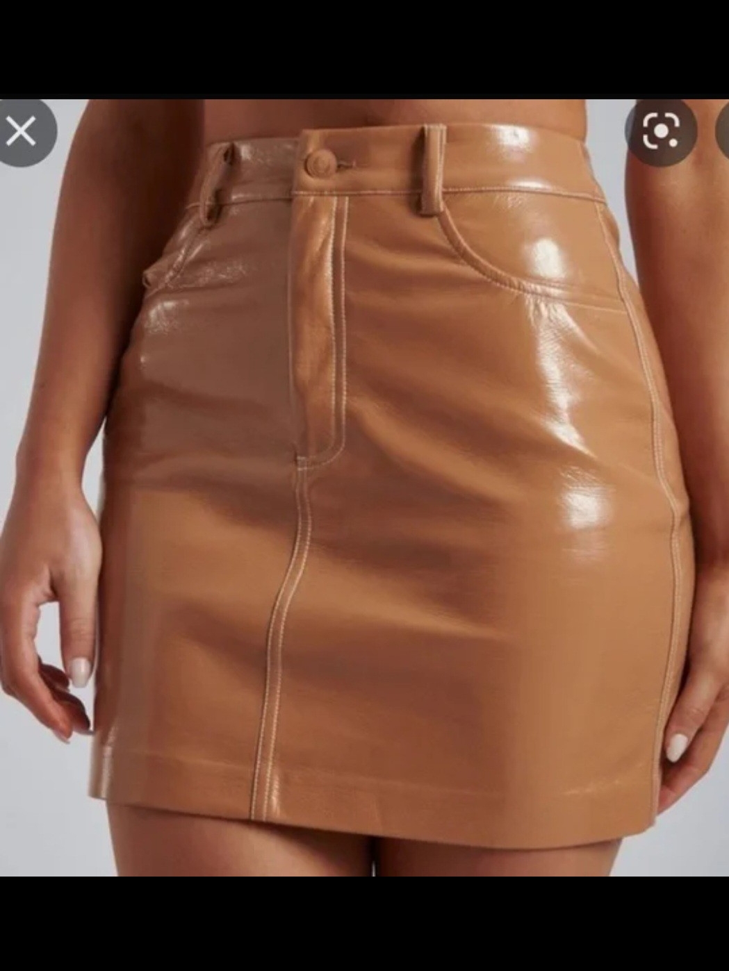 Meshki Camel High-Rise Faux Patent Leather Mini Skirt